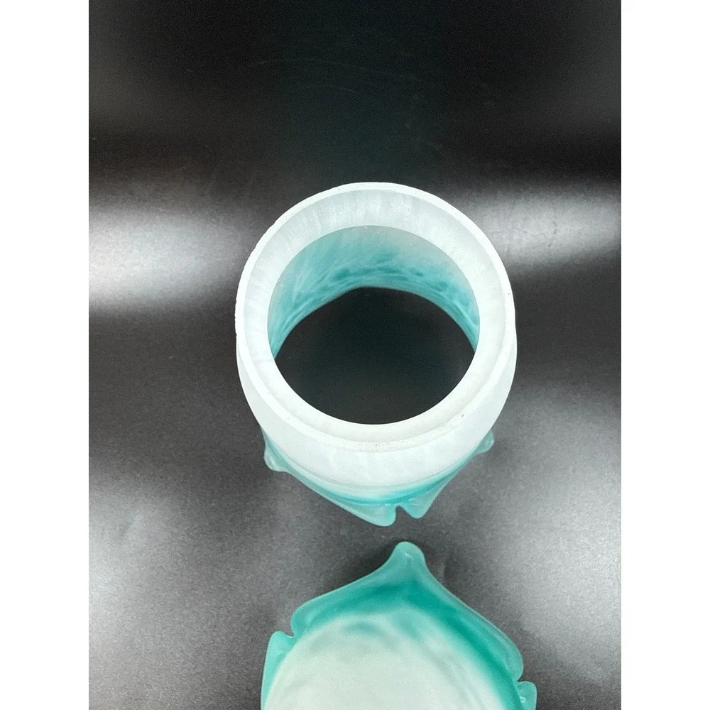2 Frosted Glass Lamp Shades Turquoise Teal/Cyan White Ombre Handkerchief Ruffled